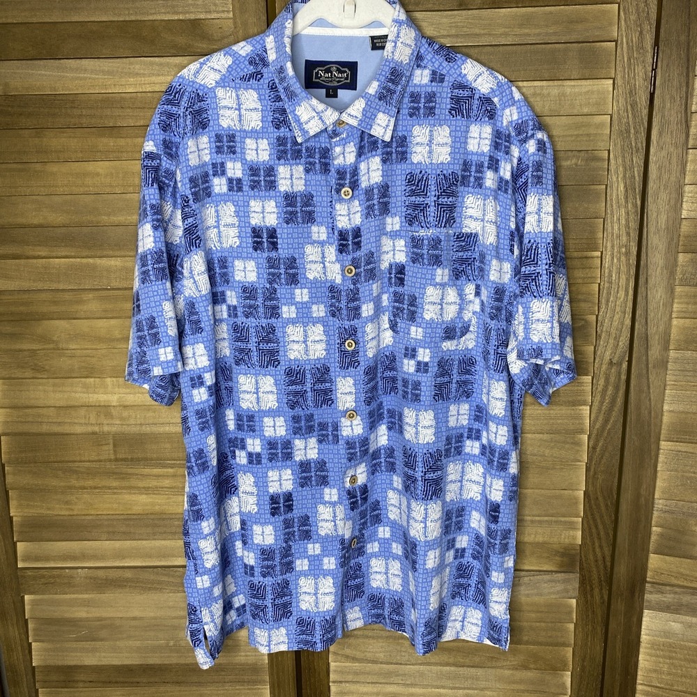 Nat Nast Luxury Originals Blue Silk Cotton Geometric Tile Print Golf Shirt L